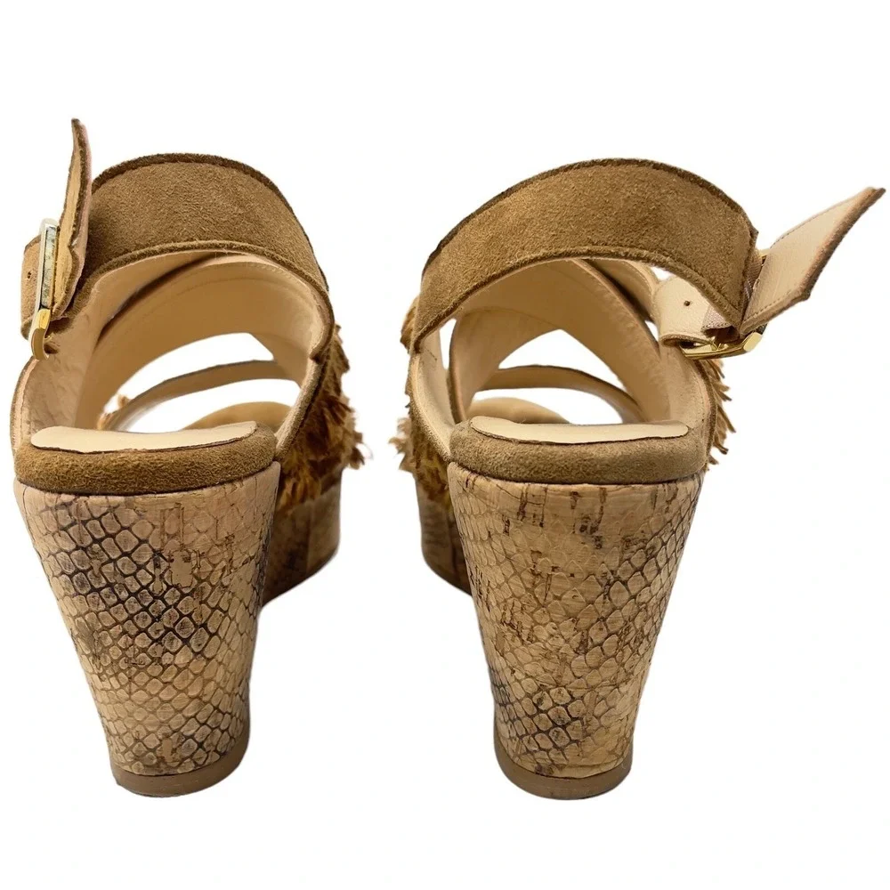 Brenda Zaro Womens Shoes 6US 36EU Tan Leather Fringe Wedge Sandals Western Boho